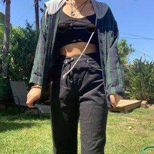 blue/green flannel with grey hoodie